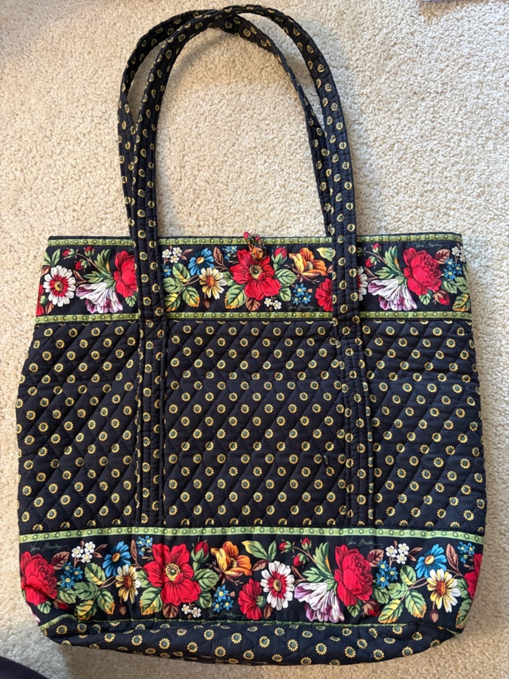 Vintage Vera Bradley Villager Vibrant Black Floral Quilted Tote Bag - Retired